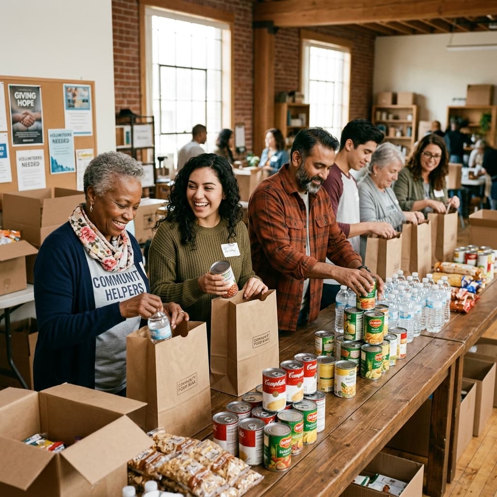 Community volunteers assembling food care packages at Rising Together food drive