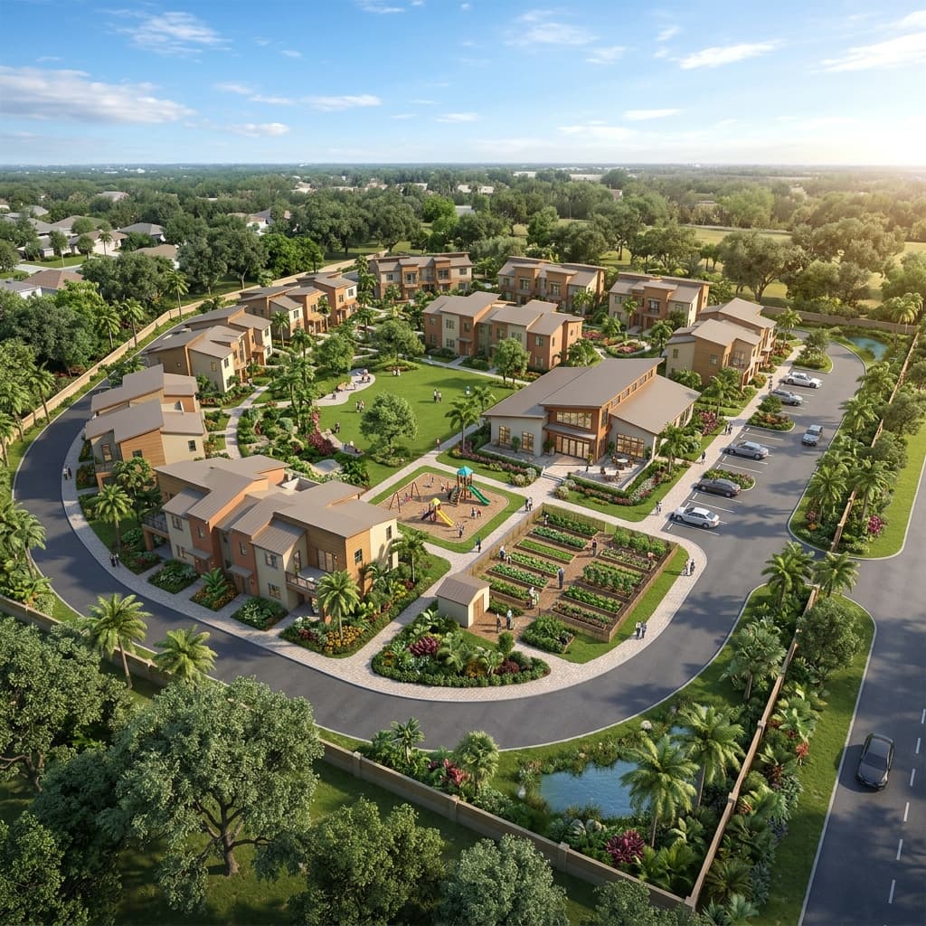 Aerial architectural concept rendering of the Rising Together Village transitional housing campus