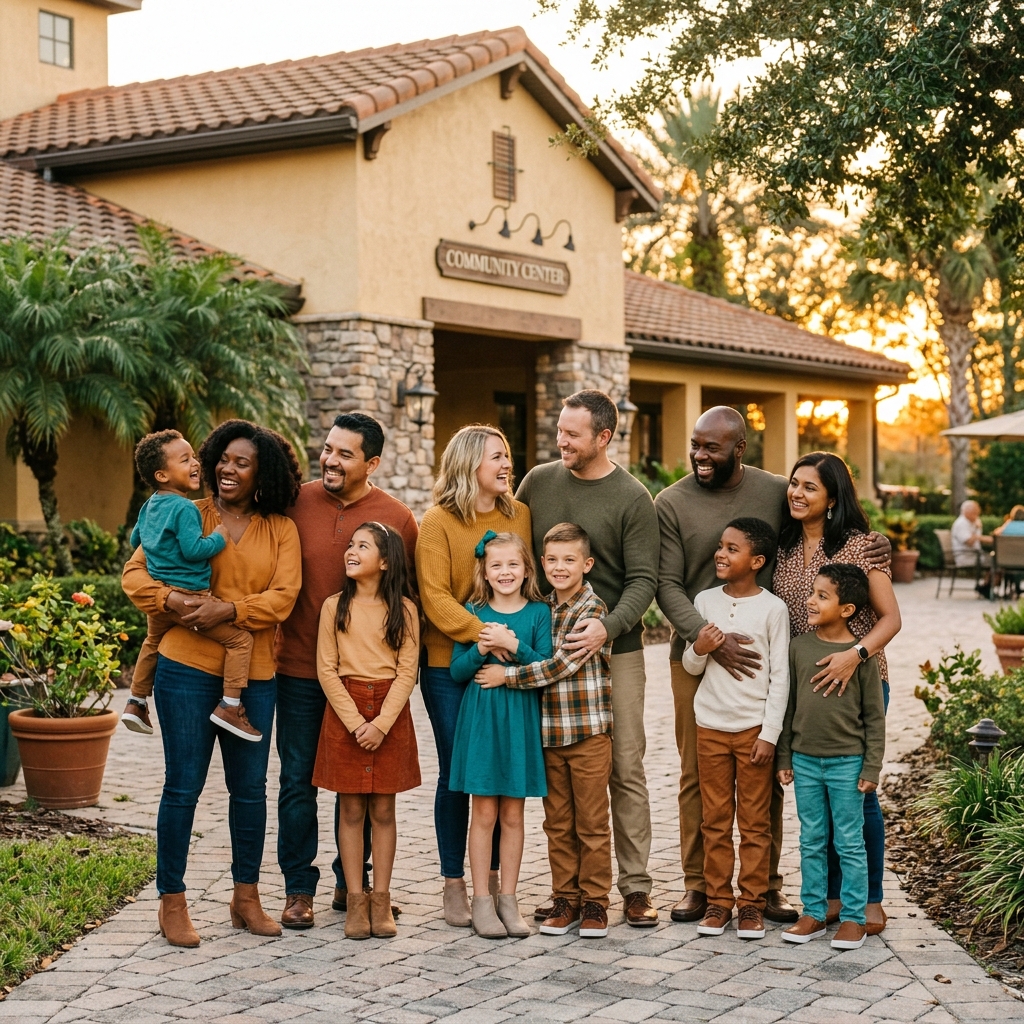 Diverse families standing together outside a community building in Central Florida